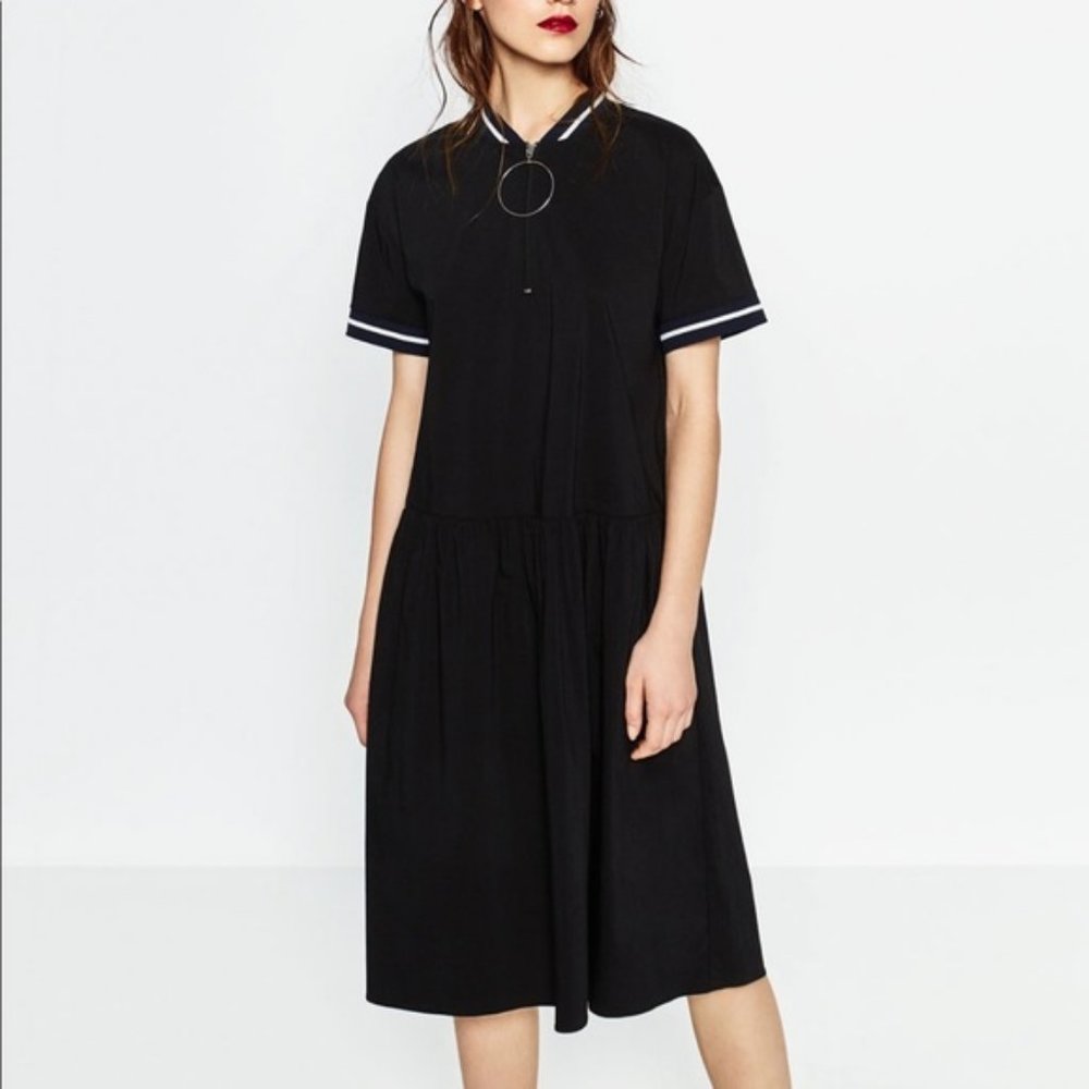 New Zara Pleated Black Midi Dress w O-Ring Zipper